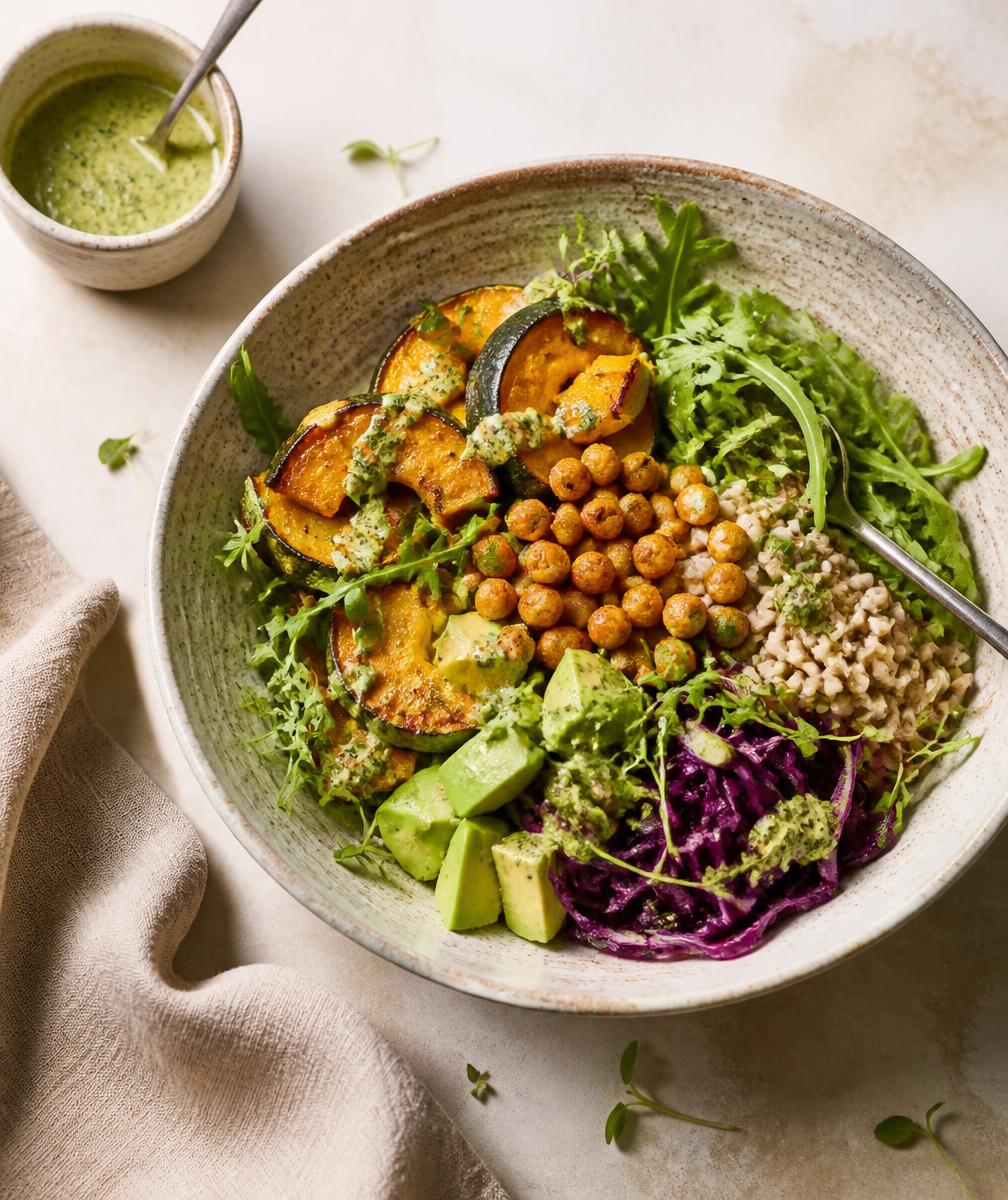 Plant forward grain bowl with roasted squash, chickpeas, greens and herb dressing