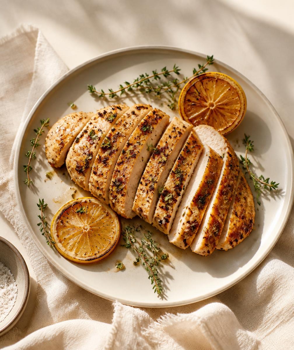 Sliced lemon herb chicken with thyme and charred lemon on a cream plate