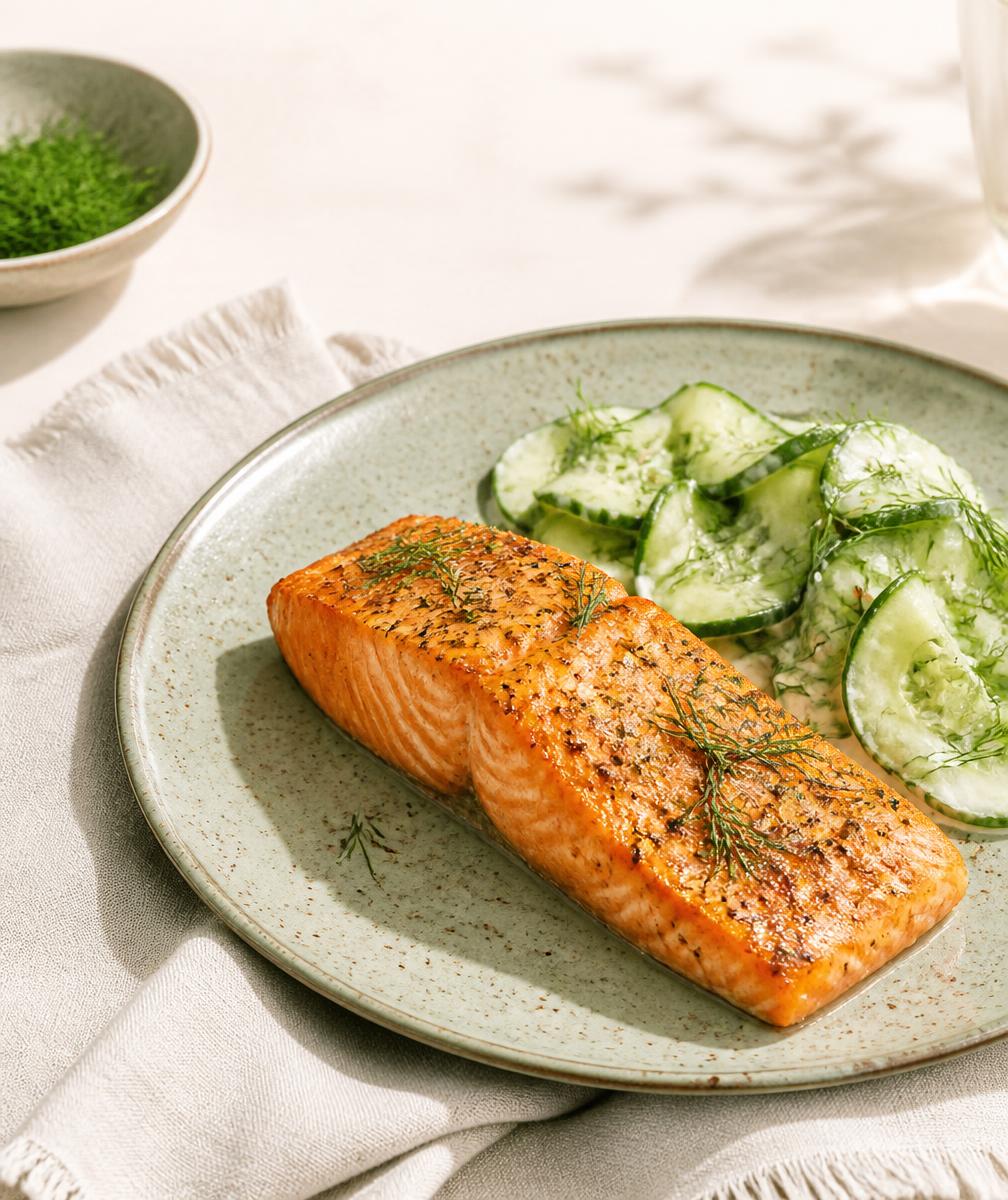 Roasted salmon fillet with dill and cucumber salad on a sage speckled plate