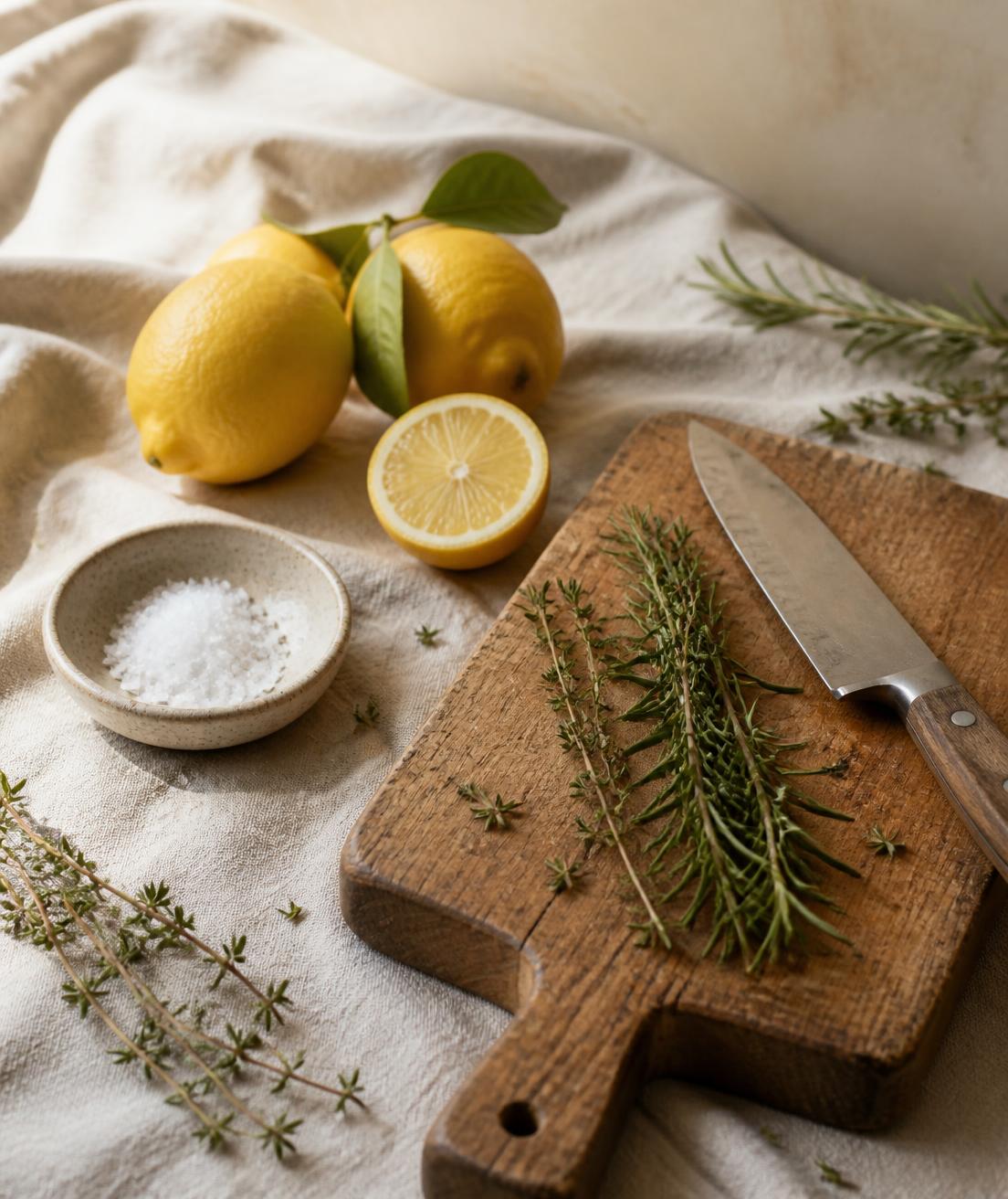 Lemons, thyme, rosemary and sea salt on a linen cloth beside a wooden board