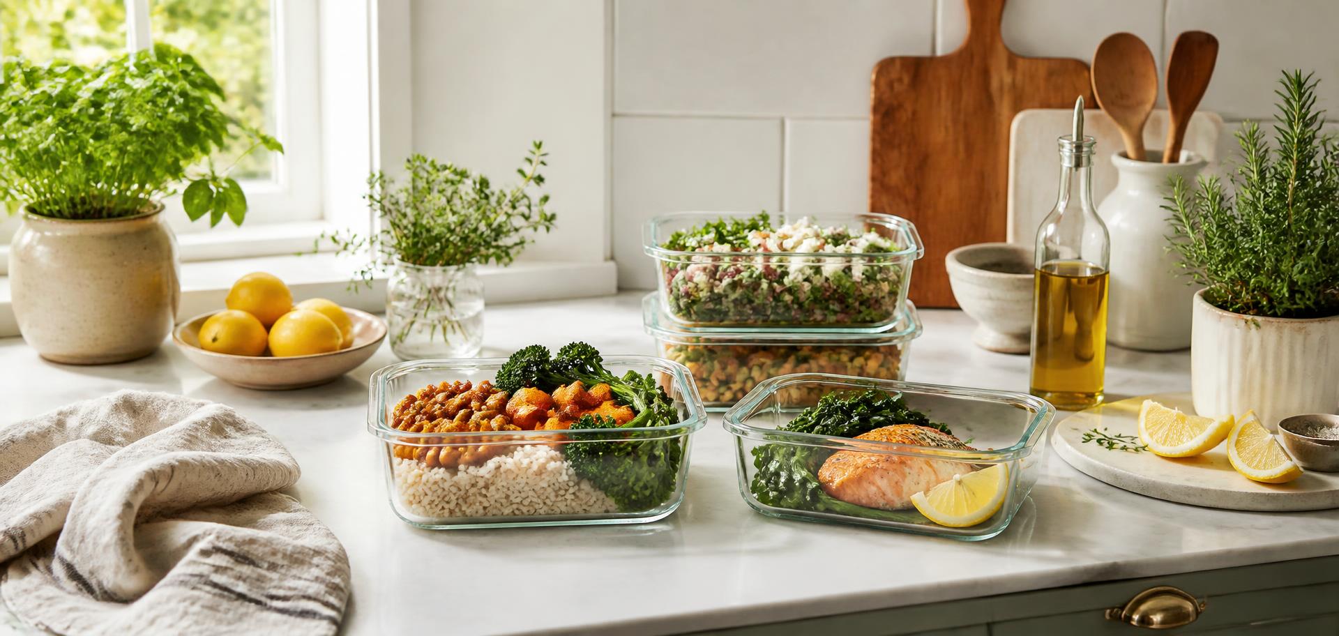 Prepared meals in glass containers on a sunlit kitchen counter with herbs and lemons